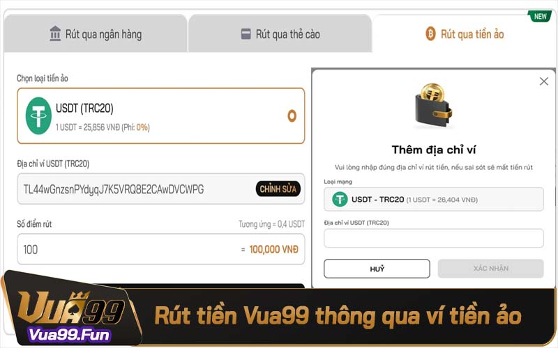 Hình thức rút tiền ảo thông qua ví USDT (TRC20)