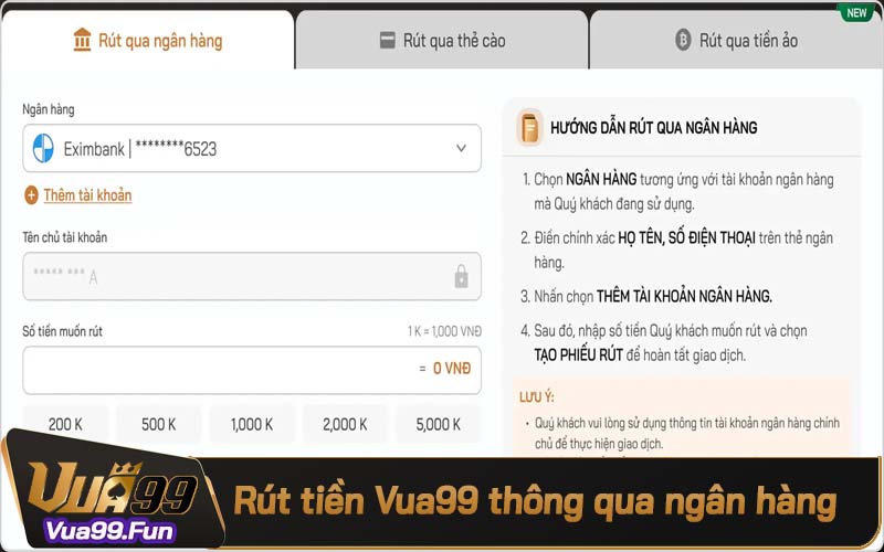 Hình thức rút tiền tại nhà cái Vua99 qua ngân hàng